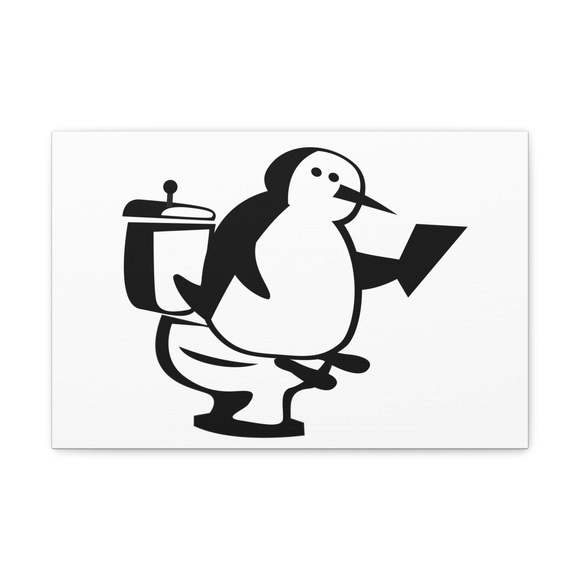 Cartoon Penguin Reading Newspaper On Toilet Funny Canvas Wall Art for Home Decor